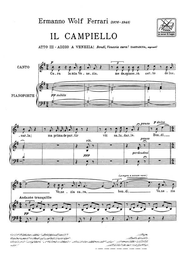 Il Campiello: Bondi', Venezia Cara! - Per Soprano E Pianoforte - pro zpěv a klavír